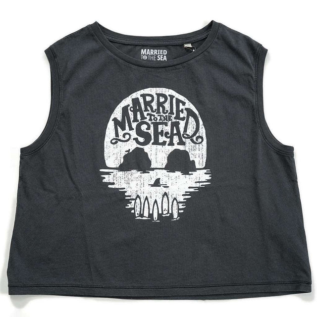 Skull Island Ladies Cropped Tank Top | Washed Coal Grey